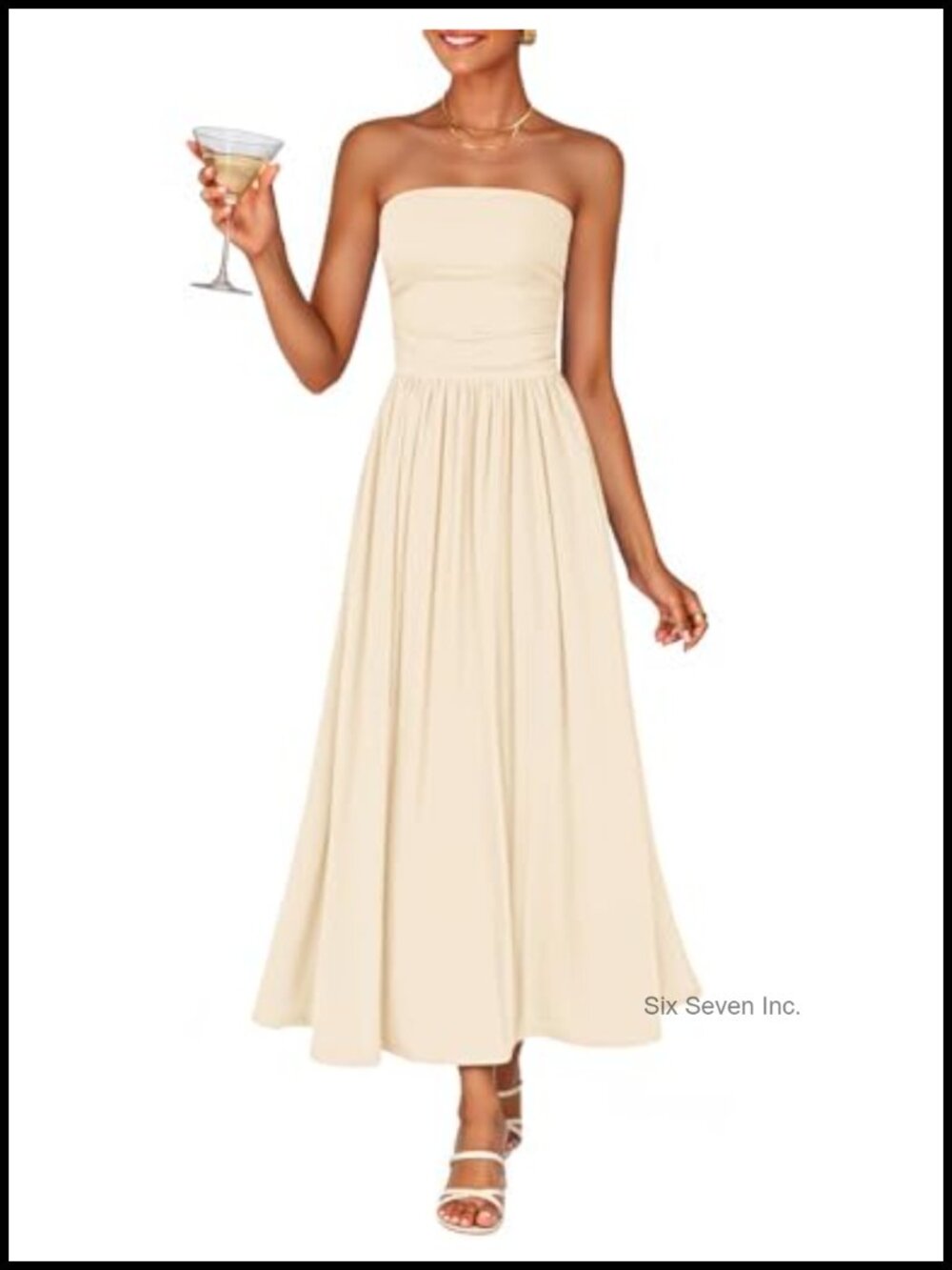 Strapless Formal Midi Dress Ruched Bodice Flowy Sundress Wedding Guest